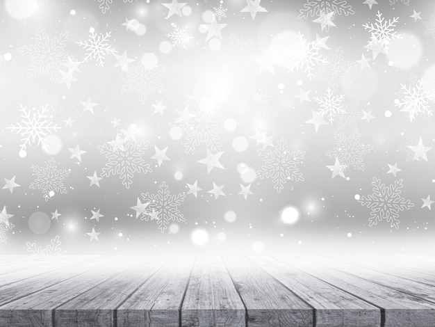 wooden table on Christmas snowflakes and stars background