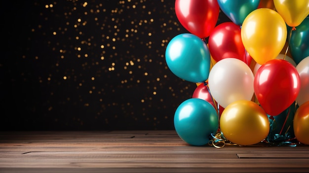 Free photo wooden table decorated with vibrant carnival balloons and accessories