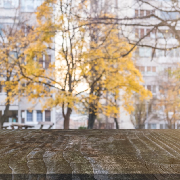 Free Photo wooden table in front of autumn trees and buildings