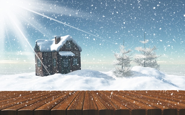 Wooden table in front of a snowy house