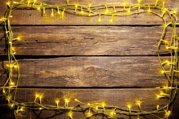 wooden table with Christmas decorations with copy space for text.