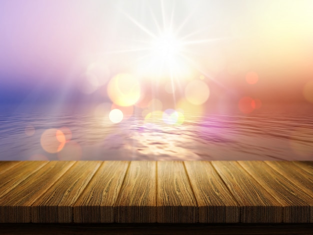 Free photo wooden table with a defocussed image of a sunset ocean