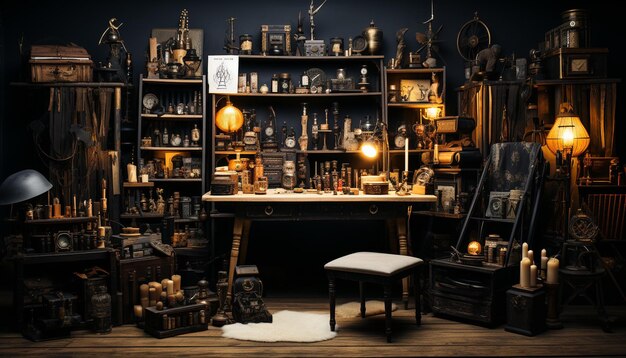 Wooden table with old fashioned candle and wine bottle decoration indoors generated by artificial intelligence