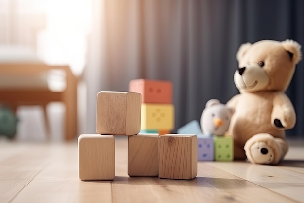 Wooden toy blocks on wooden table in the Children39s room Ai generative