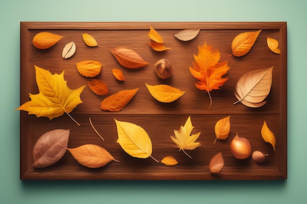 Free photo a wooden tray with autumn leaves on it