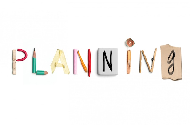 The word planning created from office stationery.