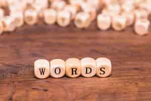 Free photo word text on wooden dices above brown desk