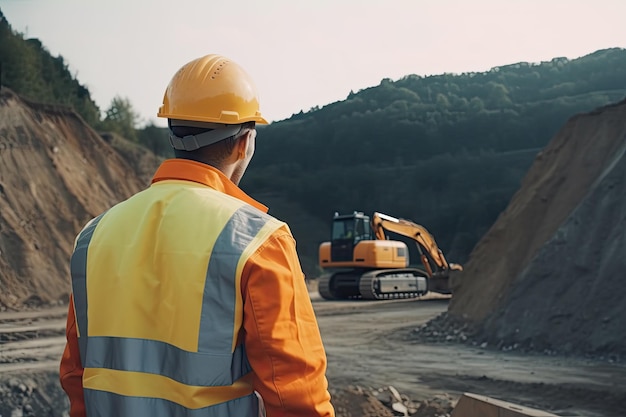 Worker from behind dressed in work clothes observing some excavators on the construction site Ai generative