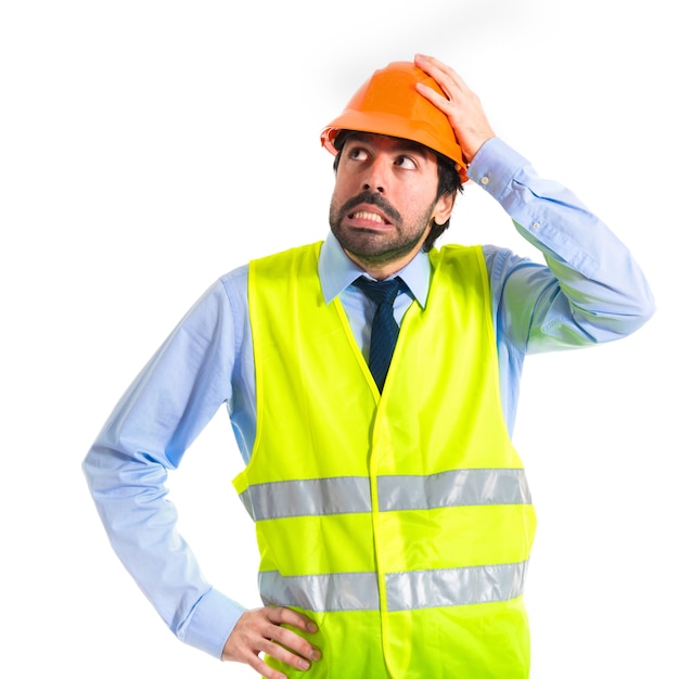 Worker having doubts over white background