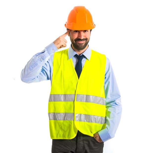 worker thinking over white background