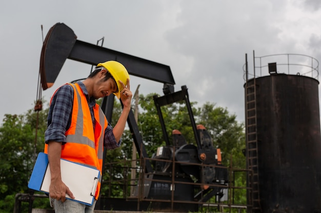 Free photo workers standing and checking beside working oil pumps.