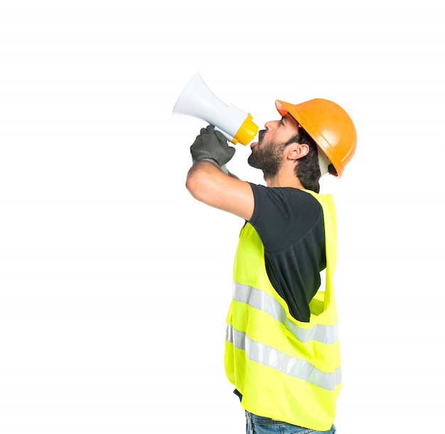 Workman shouting over isolated white background