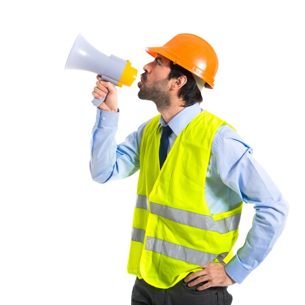 workman shouting over white background