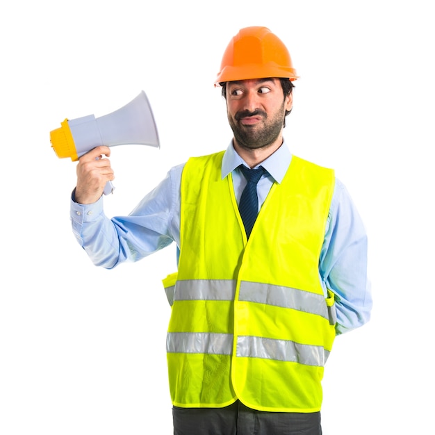 Free photo workman shouting over white background