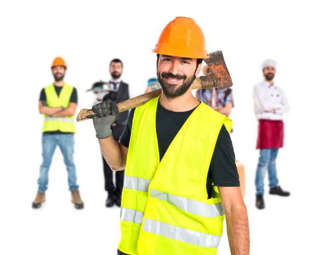 Workman with ax over white background