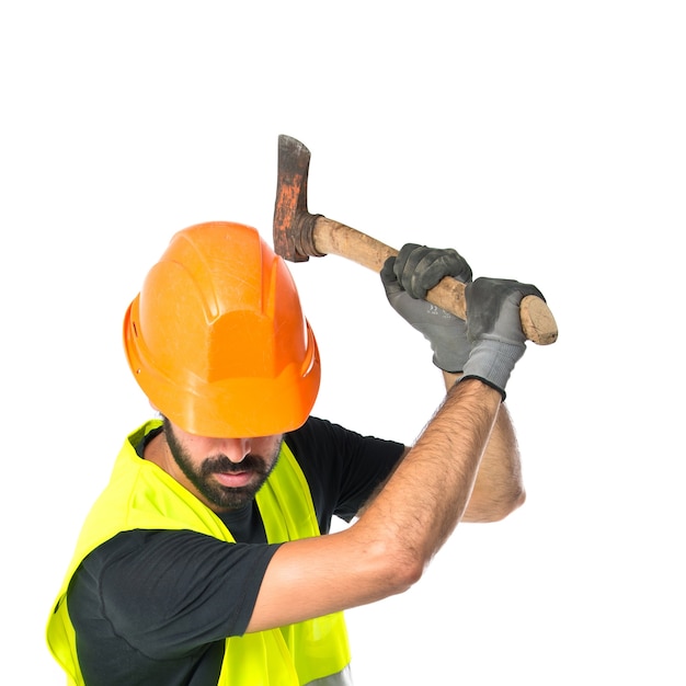 Free photo workman with ax over white background