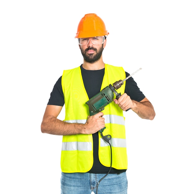 workman with drill over white background