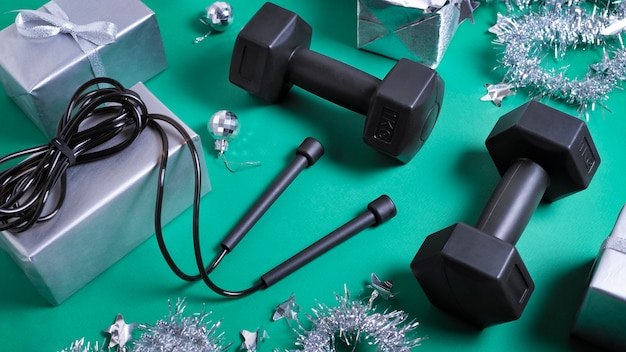 Workout equipment with christmas theme and decorations