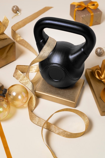 Workout equipment with christmas theme and decorations