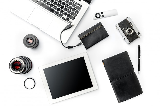 Workplace of business. Modern male accessories and laptop on white background