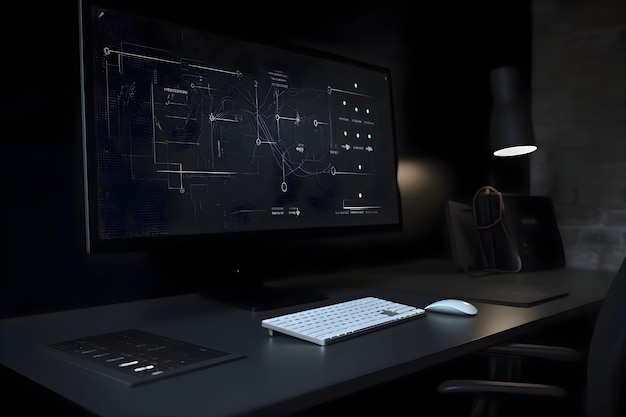 Free Photo workplace with computer in dark room closeup interior design