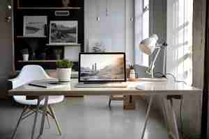 Free photo workplace with laptop on table in modern office space for text