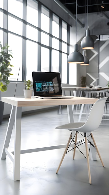 Free photo workplace with laptop on table in modern office space for text