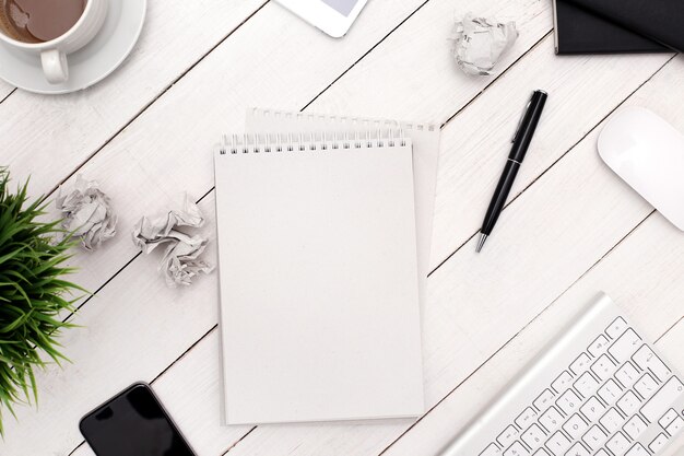 Workspace with office supplies, top view