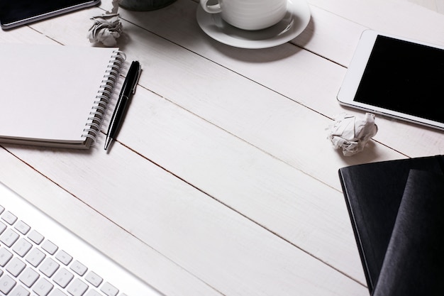 Workspace with office supplies, top view