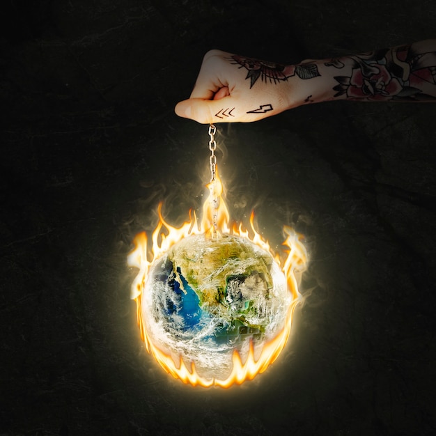 Free photo world on fire image, global warming, environment remix with fire effect