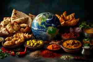 Free photo world food day celebration with world ball or globe surrounded by food