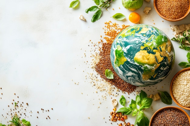 Free photo world food day celebration with world ball or globe surrounded by food