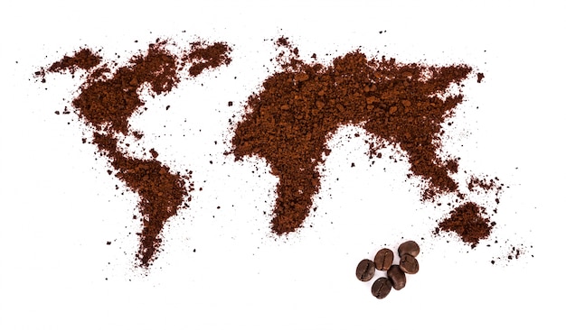 World map made of coffee on white background