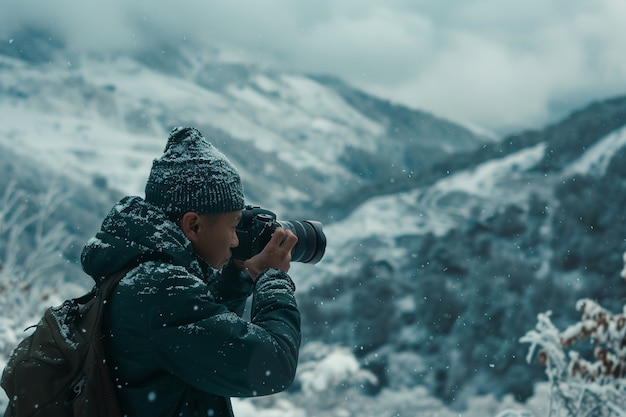 World photography day celebrated by middle-aged man taking photos with camera device