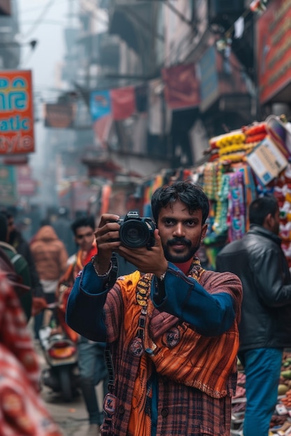 Free photo world photography day celebrated by middle-aged man taking photos with camera device