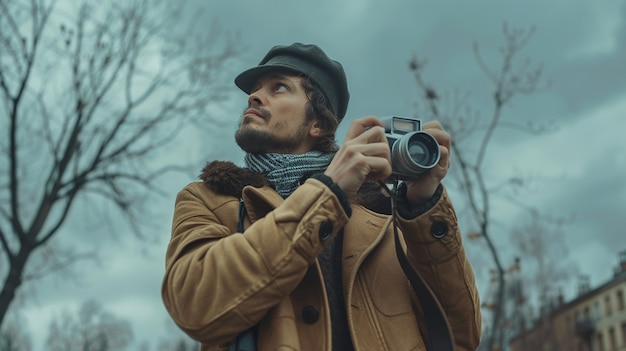 World photography day celebrated by middle-aged man taking photos with camera device