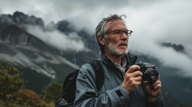 Free photo world photography day celebrated by middle-aged man taking photos with camera device