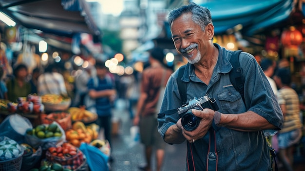 Free photo world photography day celebrated by middle-aged man taking photos with camera device