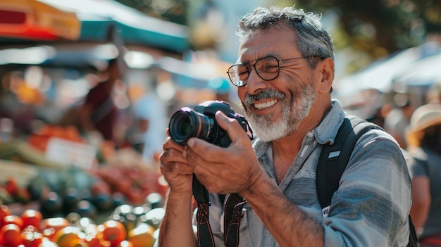 World photography day celebrated by middle-aged man taking photos with camera device