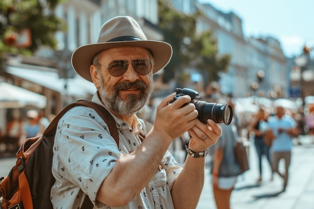 World photography day celebrated by middle-aged man taking photos with camera device