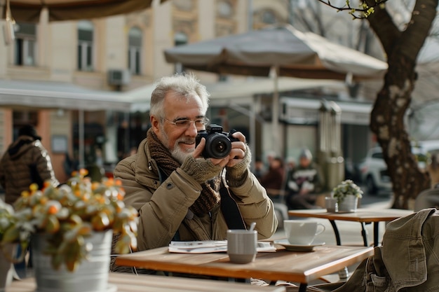 World photography day celebrated by middle-aged man taking photos with camera device