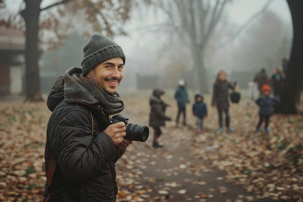 World photography day celebrated by middle-aged man taking photos with camera device