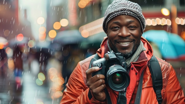 World photography day celebrated by middle-aged man taking photos with camera device