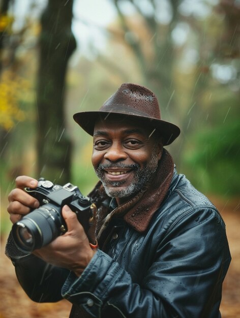 World photography day celebrated by middle-aged man taking photos with camera device