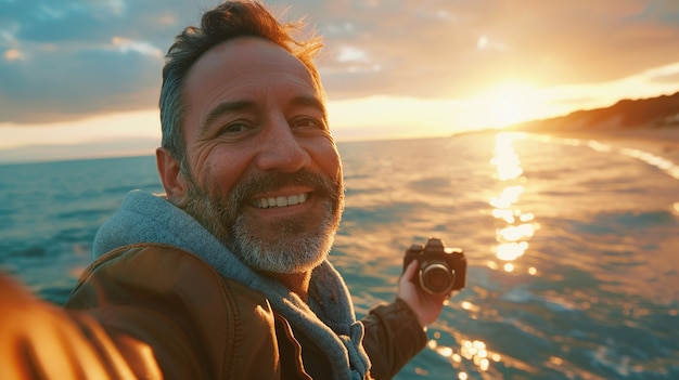 World photography day celebrated by middle-aged man taking photos with camera device