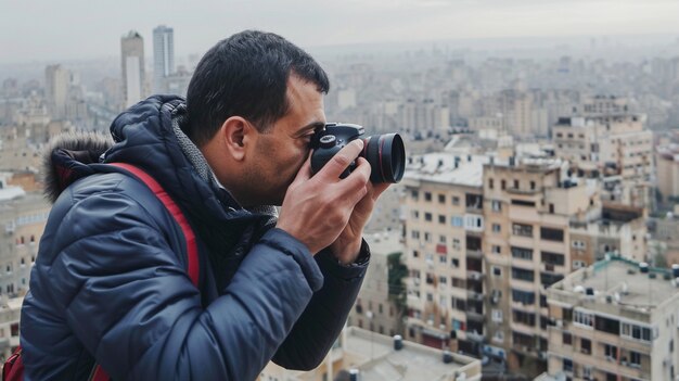 World photography day celebrated by middle-aged man taking photos with camera device