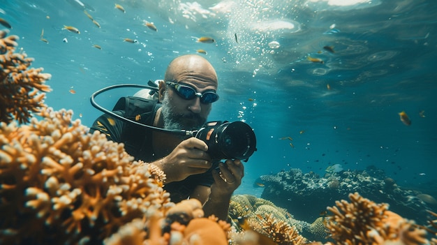 Free Photo world photography day celebrated by middle-aged man taking photos with camera device