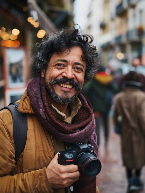 Free photo world photography day celebrated by middle-aged man taking photos with camera device