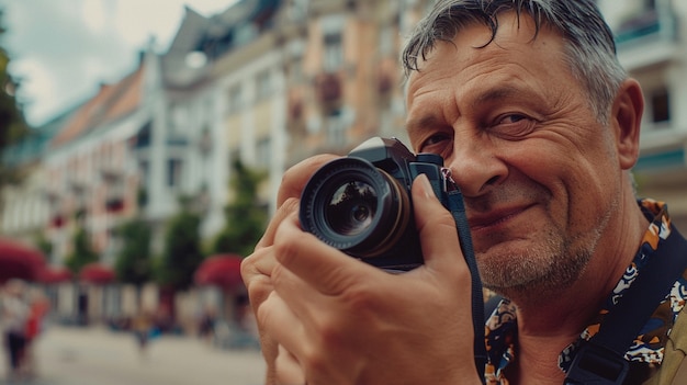 Free photo world photography day celebrated by middle-aged man taking photos with camera device