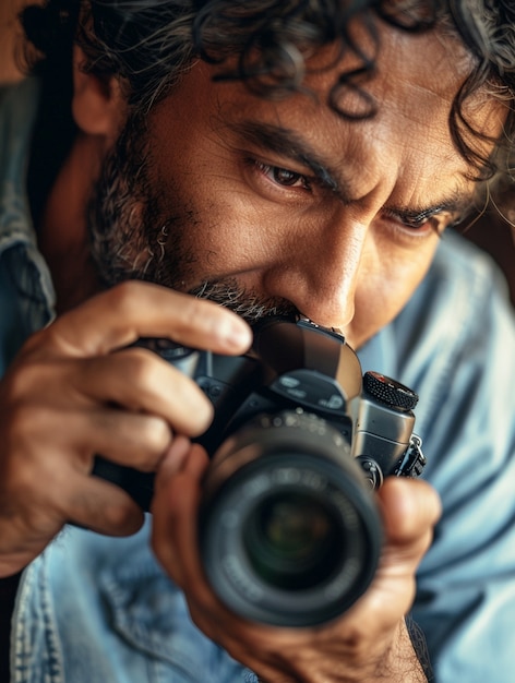 Free photo world photography day celebrated by middle-aged man taking photos with camera device